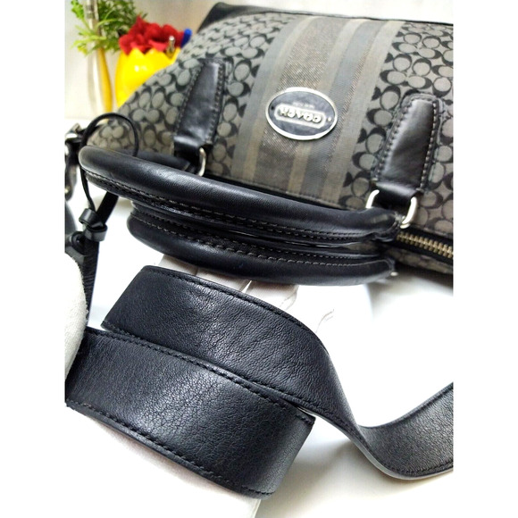 Coach Molly Signature Black Canvas Stripes Top Handles Zipper Satchel Bag - Picture 6 of 14